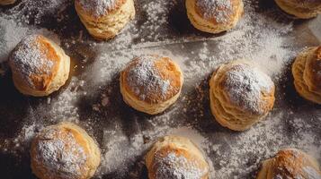 Set of scones arranged on a baking tray, with a dusting of fine powder on top, food setting photo