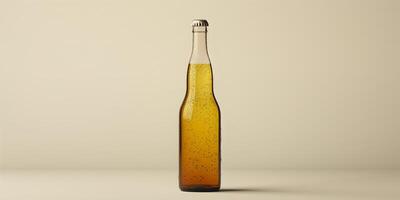 Single bottle of fermented beverage with visible bubbles, upright on plain background, meal photography photo