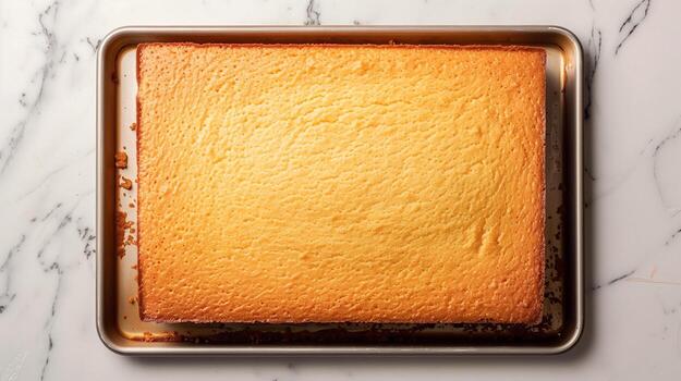 Sheet cake with a smooth surface, positioned on a plain baking sheet, meal photography photo