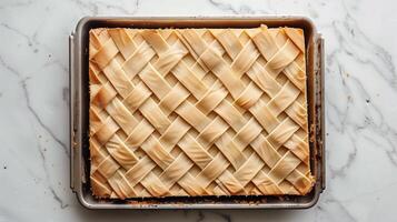 Sheet cake with a simple pattern, partially cut into squares, on a rectangular tray, food setting photo