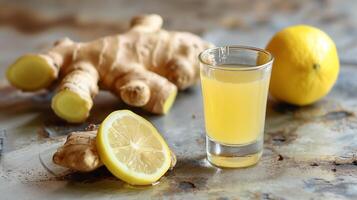 Shot glass of ginger and lemon wellness shot next to halved ginger root, meal photography photo