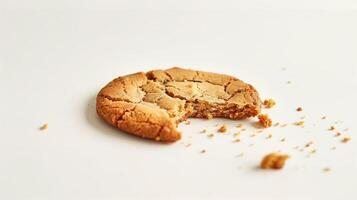 Single cookie on a clean white surface with a slightly broken edge, food setting photo