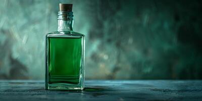 Single bottle with a screw cap, filled with a clear green liquid, meal photography photo