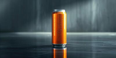 Single energy drink can, upright on a reflective surface, capturing the branding and color, meal photography photo