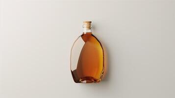 Single, large bottle of syrup is centered on a white background, with a simple, clean label, meal photography photo