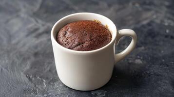 Single mug cake with a smooth top in a plain white mug, food setting photo
