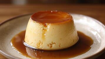 Single portion of flan on a plate with a pool of caramel sauce, food setting photo