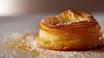 Single puff pastry with a golden top and a visible, layered structure inside, meal photography photo
