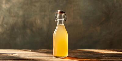 Single kombucha bottle with a screw cap, filled with a light amber liquid, meal photography photo