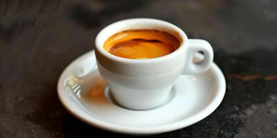 Single shot of espresso in a white demitasse cup on a matching saucer, meal photography photo