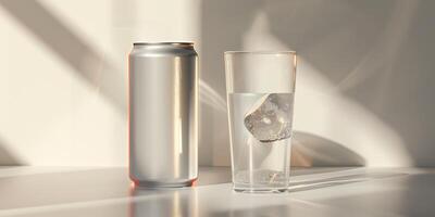 Sleek can with a modern label design beside a filled glass with a clear liquid and ice, meal photography photo