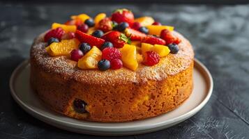 Single-layer cake with a plain surface, topped with scattered fruit pieces and sitting on a plate, food setting photo