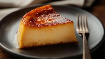 Slice of flan being served on a small plate with a fork and napkin, food setting photo