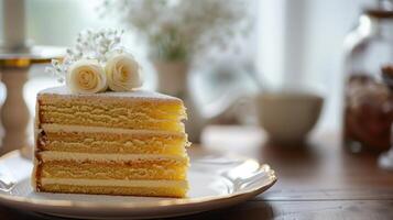 Single-layer cake with a single cut, displaying a neat interior, positioned on a serving tray, food setting photo