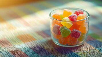 Glass container filled with fruit-shaped candies on a solid-colored tablecloth, food setting photo