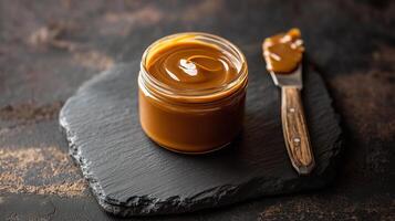 Small glass container of dulce de leche on a slate board with a knife, meal photography photo