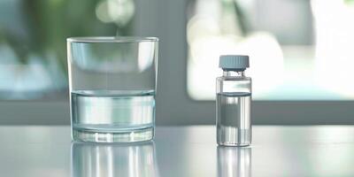 Small vial of liquid electrolytes next to a glass of water on a white counter, meal photography photo