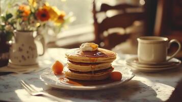 Small stack of pancakes with syrup on a breakfast table setting, food setting photo