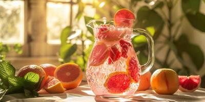 Transparent glass pitcher filled with a pink drink, surrounded by fresh cut fruits on a table, food setting photo