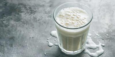 Transparent glass showing a probiotic yogurt drink with visible sediment at the bottom, meal photography photo