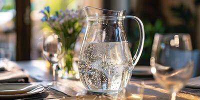 Transparent pitcher filled with sparkling water and bubbles, placed on a dining table, food setting photo