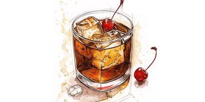 Tumbler with brown liquid, ice, and maraschino cherry, meal photography photo