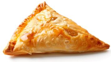 Triangular turnover with a golden-brown crust and a visible filling of fruit or cream, meal photography photo