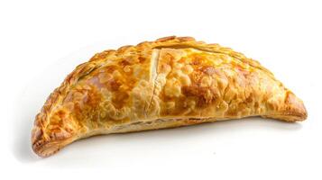 Turnover with a uniform golden color and a visible fruit or nut filling, food setting photo