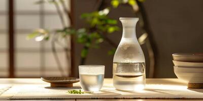 Transparent sake bottle with a cup filled with the same clear liquid on a table, meal photography photo