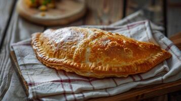 Turnover on a napkin with a slightly uneven edge and a filling of jam or fruit, meal photography photo