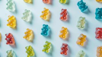 Variety of colorful gummy bears scattered evenly on a smooth white surface, food setting photo