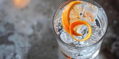 Tumbler with pale carbonated beverage and citrus peel twist, food setting photo