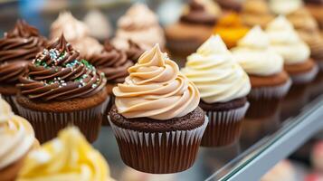 Variety of cupcakes with smooth frosting on a glass display stand, meal photography photo