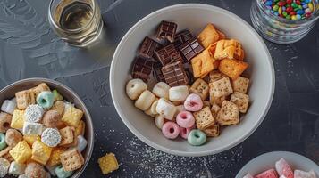 Variety of sweet and salty treats in a bowl, next to a cup filled with clear liquid, meal photography photo