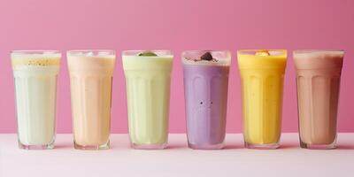 Variety pack of probiotic yogurt drinks in different flavors, arranged in a neat row, food setting photo