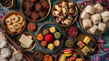 Traditional sweet confections on a decorative cloth-covered surface, food setting photo