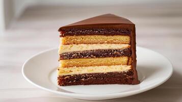 Vertical slice of layer cake, neatly cut, revealing multiple layers, on a white plate, meal photography photo