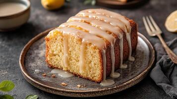 Vegan pound cake topped with a glaze, displayed on a ceramic dish with a serving utensil, meal photography photo