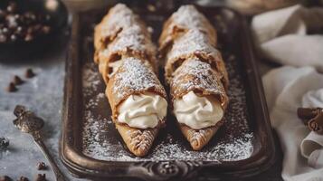 View of cannoli on a tray, with shells dusted with powdered sugar and filled with cream, meal photography photo