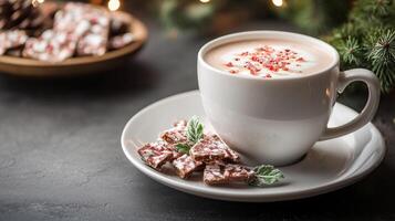 White ceramic cup with a warm beverage, accompanied by peppermint bark pieces, food setting photo