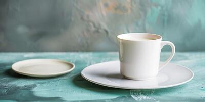White cup filled with plant-based milk, accompanied by an empty plate on a table, meal photography photo
