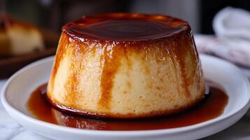 Whole flan with caramel sauce dripping down sides on a white dish, meal photography photo
