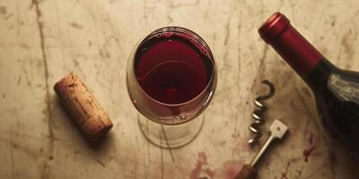 Wine glass filled with deep red liquid, placed on a table beside a corkscrew and bottle, food setting photo