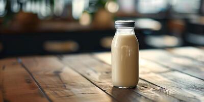 Bottled yogurt drink featuring a sealed lid and labeled container, set on a wooden table, meal photography photo
