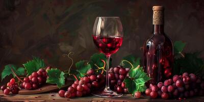 Wine glass containing red wine, alongside an uncorked bottle and scattered grapes, meal photography photo