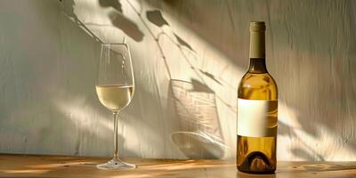 Wine glass with pale white liquid, positioned next to an uncorked bottle on a table, food setting photo