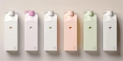Collection of flavored milk cartons, each with distinct branding and flavor description, side by side, meal photography photo