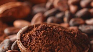 Close-up of raw cocoa powder with roasted beans and flavored powder in the background, meal photography photo
