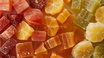 Close-up of various fruit chew pieces grouped together, displaying different colors and shapes on a neutral background, food setting photo
