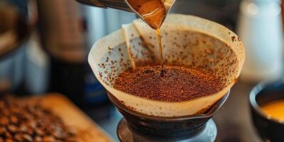 Coffee grounds in a filter in a pour-over cone with a mug underneath collecting brewed coffee, food setting photo